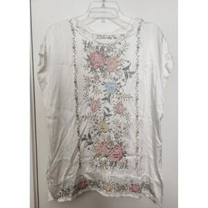Johnny Was Biya White Pastel Floral Embroidered Satin Peasant Top Tunic Sm Boho‎